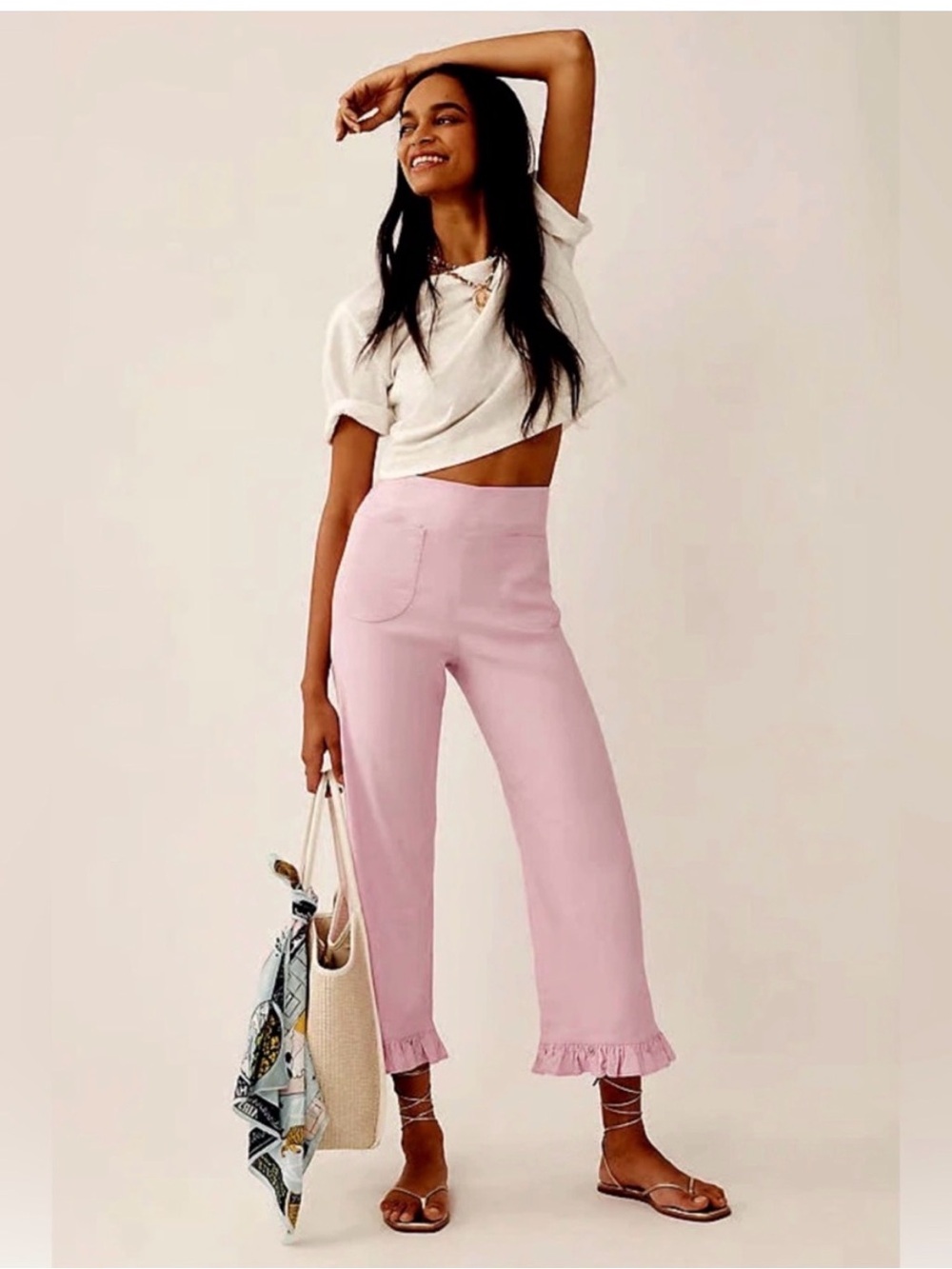 Anthropologie Maeve The Colette Ruffle-Hem Linen Crop Pants Lilac Pink 33T